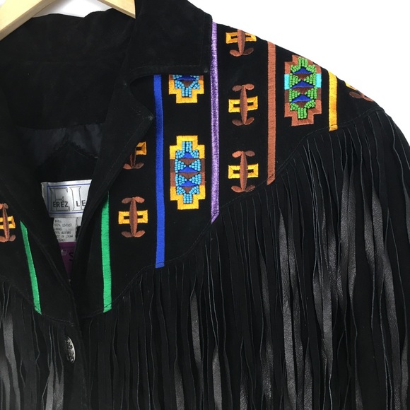 VTG Erez Levy Embroidered Leather Jacket Fringe Black Colorful Western Beaded - Picture 6 of 16